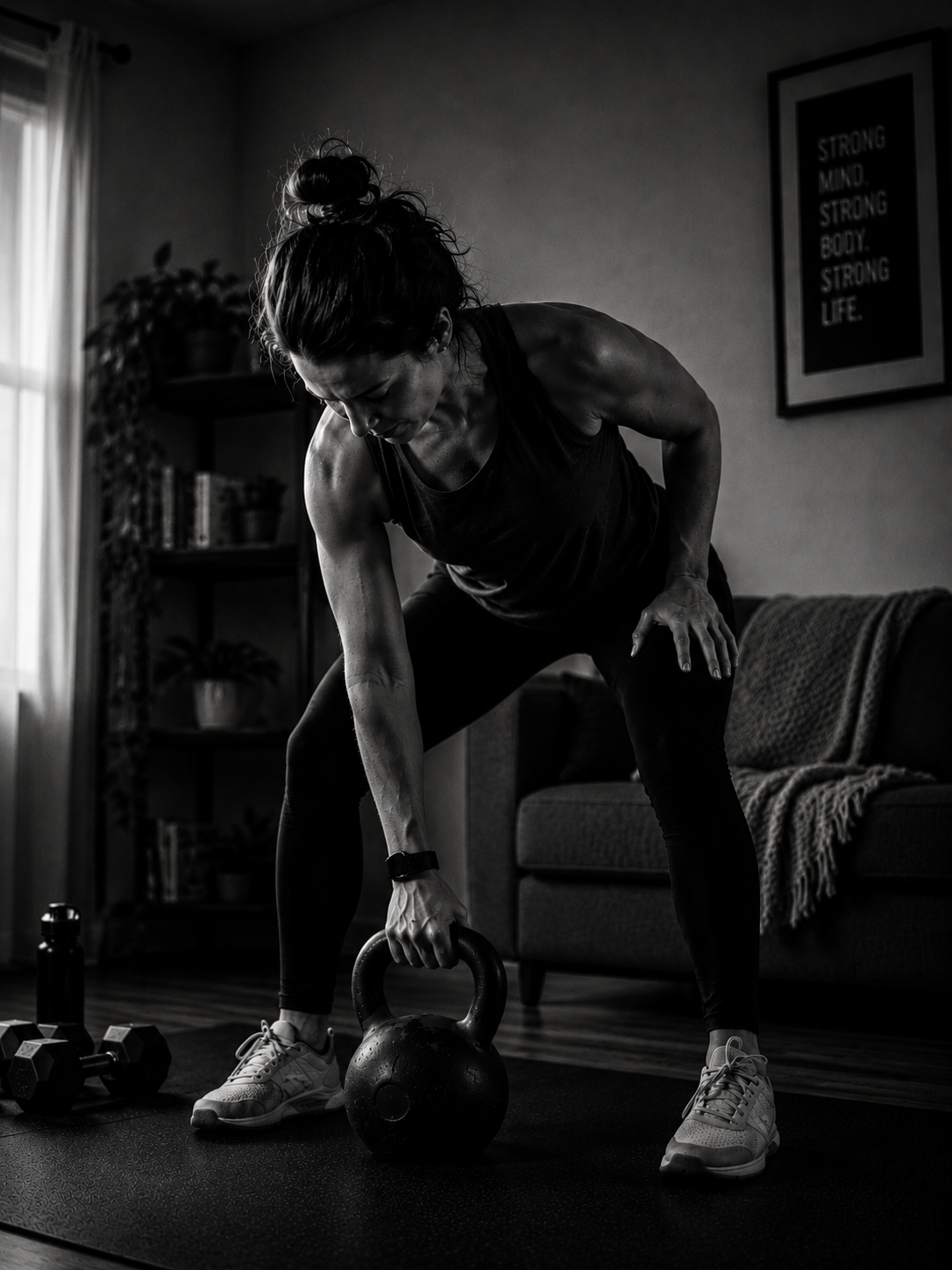 A woman training with a kettlebell at home for the online Forge40 programme.